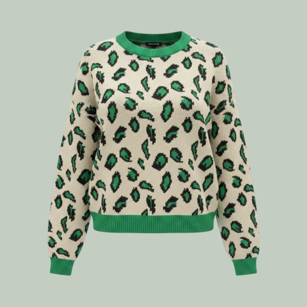 Fate Oversized Leopard Print Sweater M Dopamine Green Black Cozy Jacquard Knit